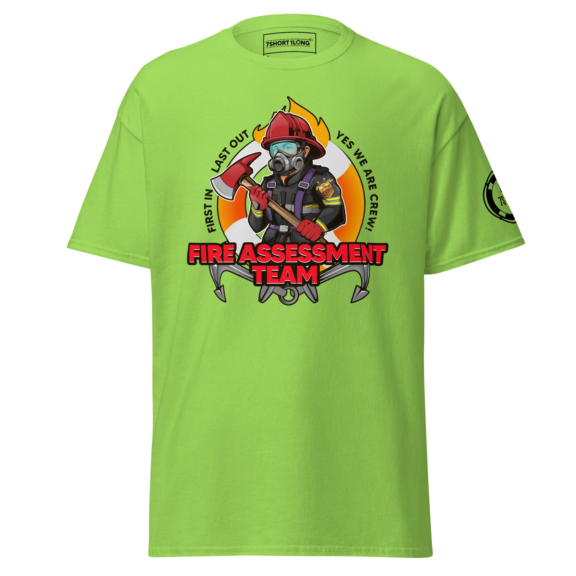Maritime T-shirt with Fire Assessment Team design, representing onboard emergency response and ship fire brigade entering fire zones during emergencies.