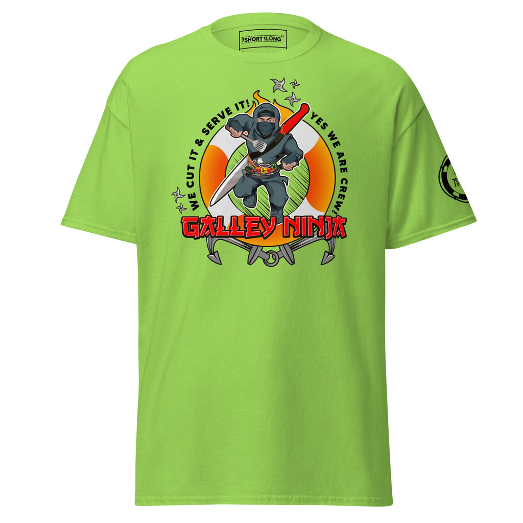 Maritime T-shirt with Galley Department “Galley Ninja” design, representing ship cooks and galley crew preparing meals to support crew morale on board.