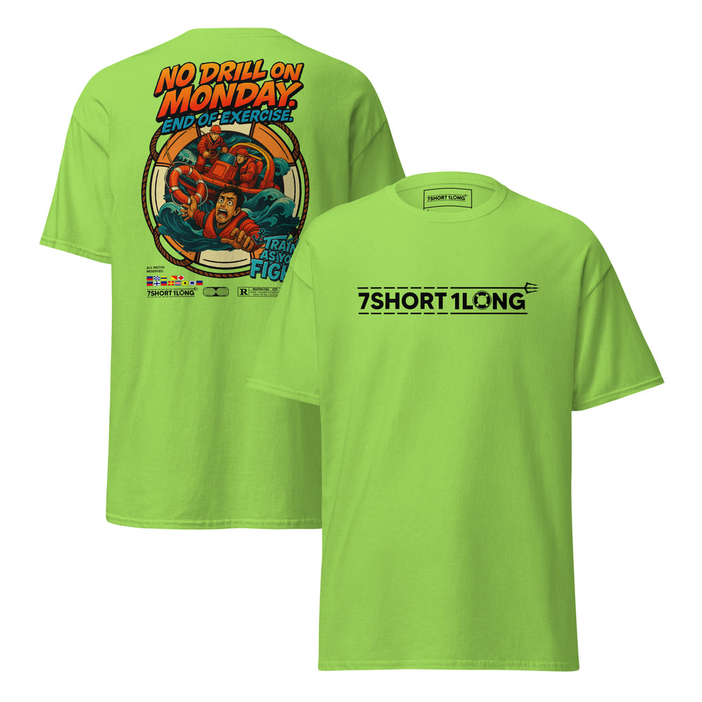 Maritime T-shirt with “Man Overboard Drill” design, inspired by SOLAS emergency procedures and crew rescue training at sea.