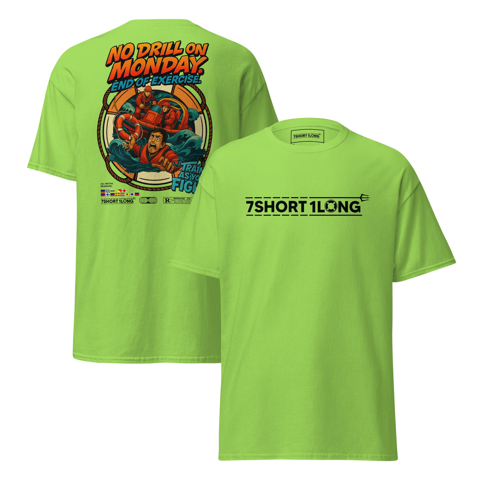 Maritime T-shirt with “Man Overboard Drill” design, inspired by SOLAS emergency procedures and crew rescue training at sea.