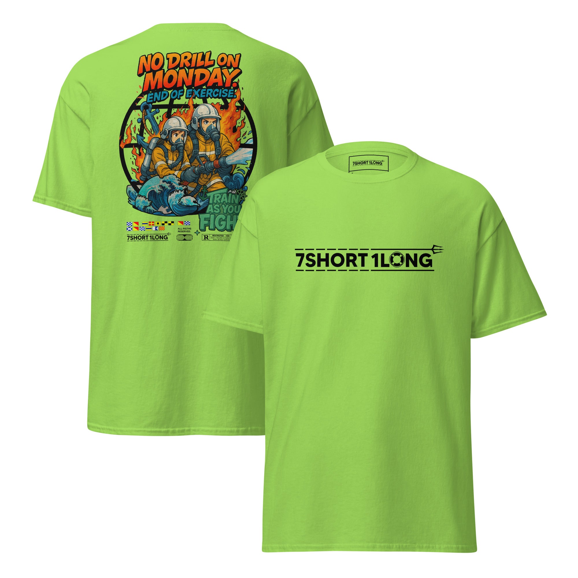 Maritime T-shirt with “Fire Drill” design, inspired by SOLAS fire fighting drills, onboard emergency response, and crew firefighting procedures.