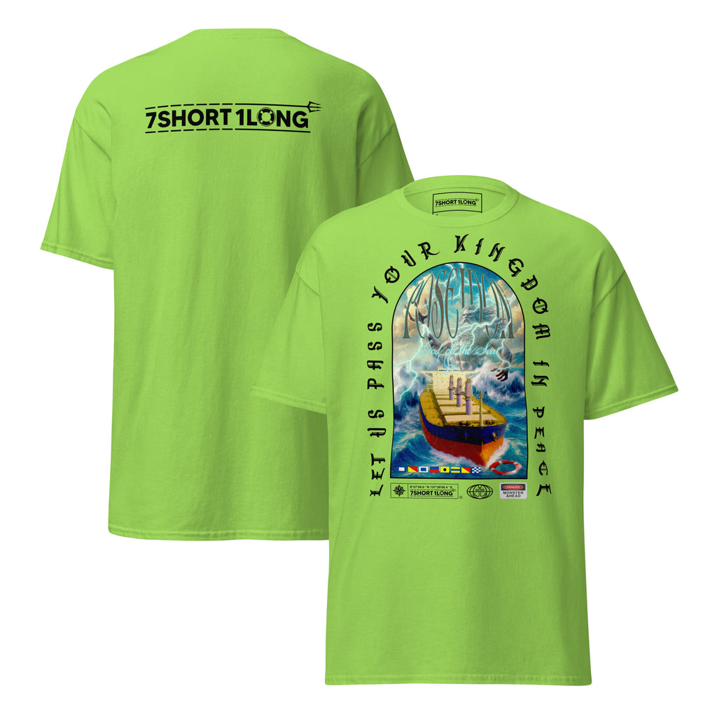 T-shirt design showing the Greek sea god Poseidon judging a bulk carrier ship at sea, inspired by maritime mythology and ancient ocean legends.