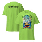 T-shirt design showing the Greek sea god Poseidon judging a bulk carrier ship at sea, inspired by maritime mythology and ancient ocean legends.