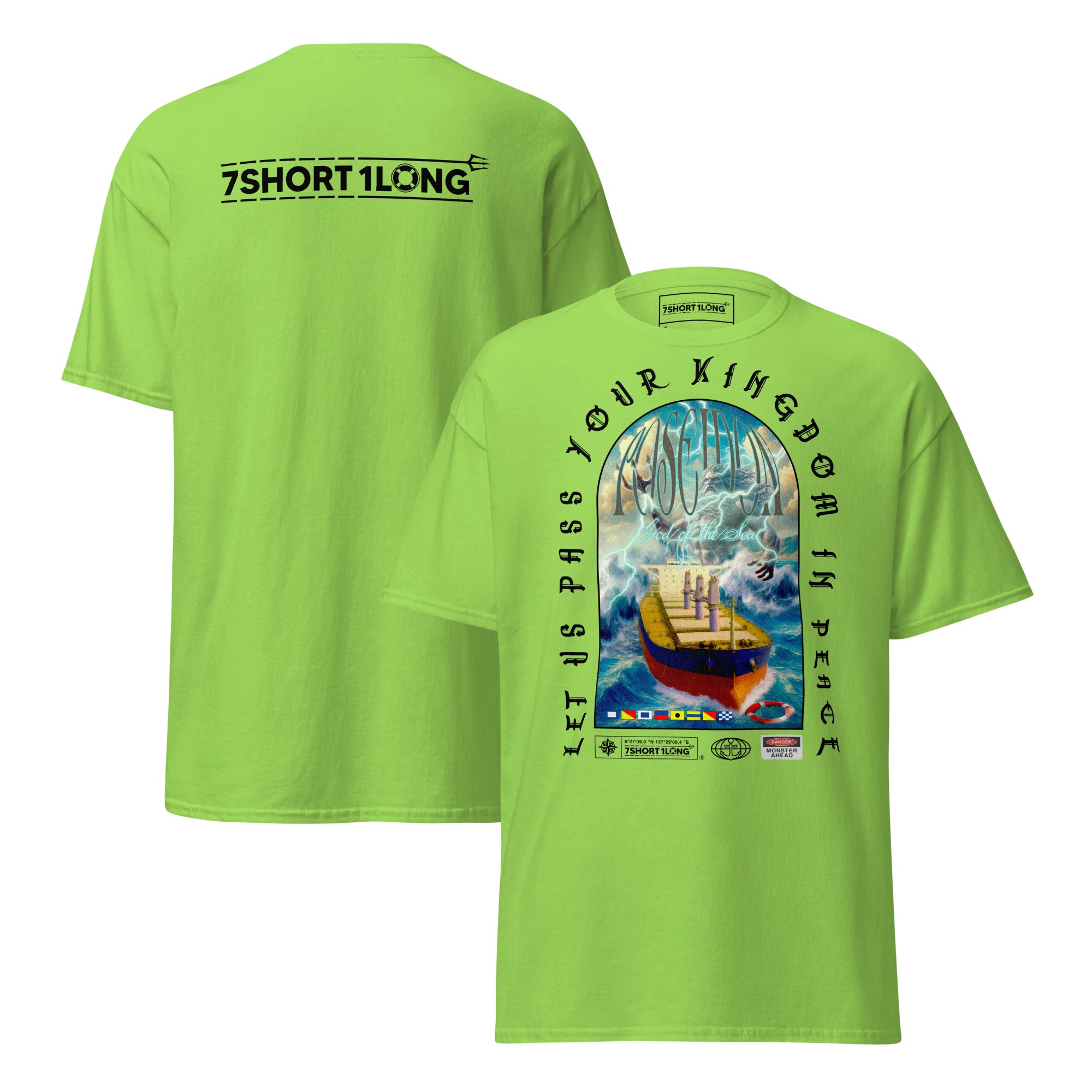 T-shirt design showing the Greek sea god Poseidon judging a bulk carrier ship at sea, inspired by maritime mythology and ancient ocean legends.