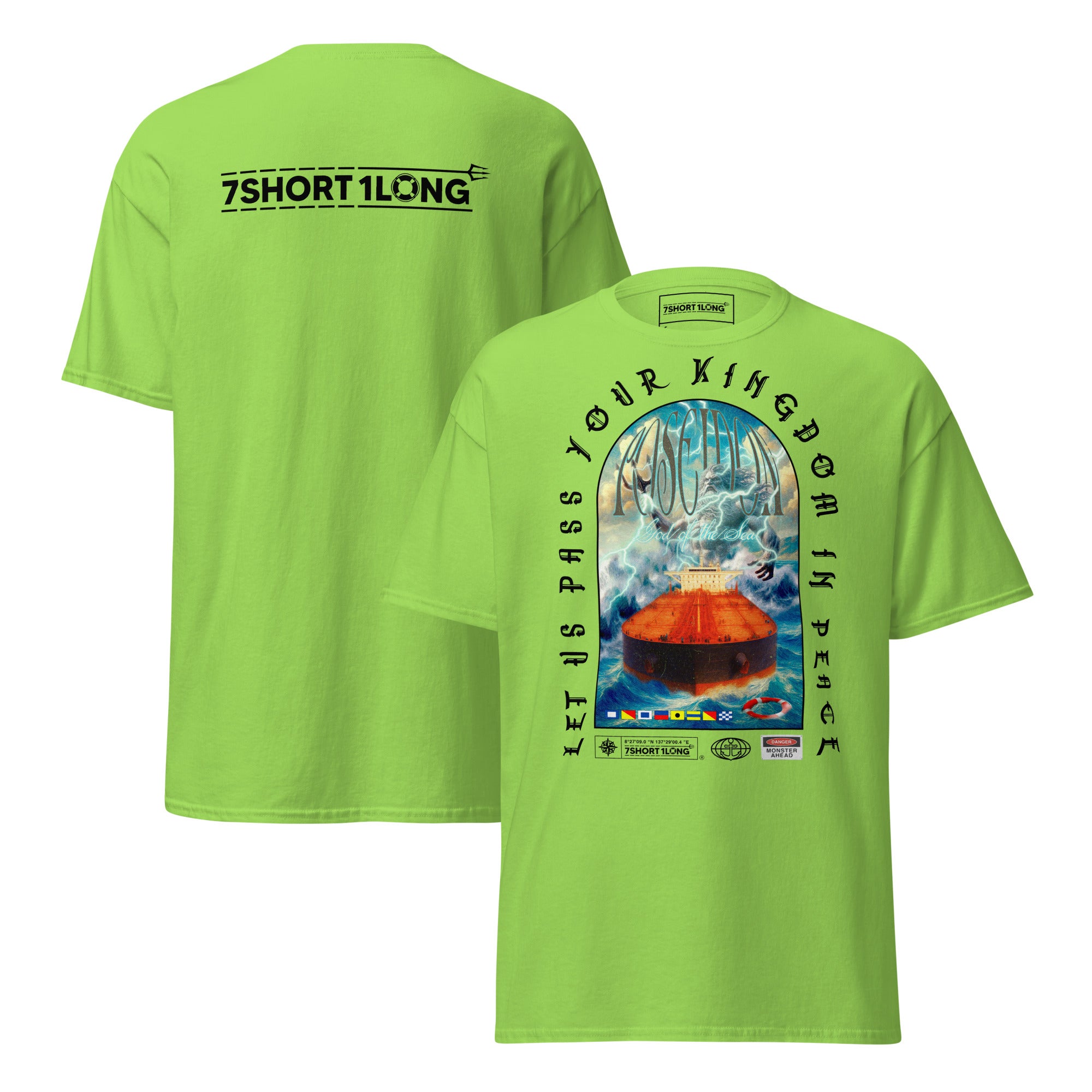 T-shirt design showing the Greek sea god Poseidon judging a tanker ship at sea, inspired by maritime mythology and ancient ocean legends.