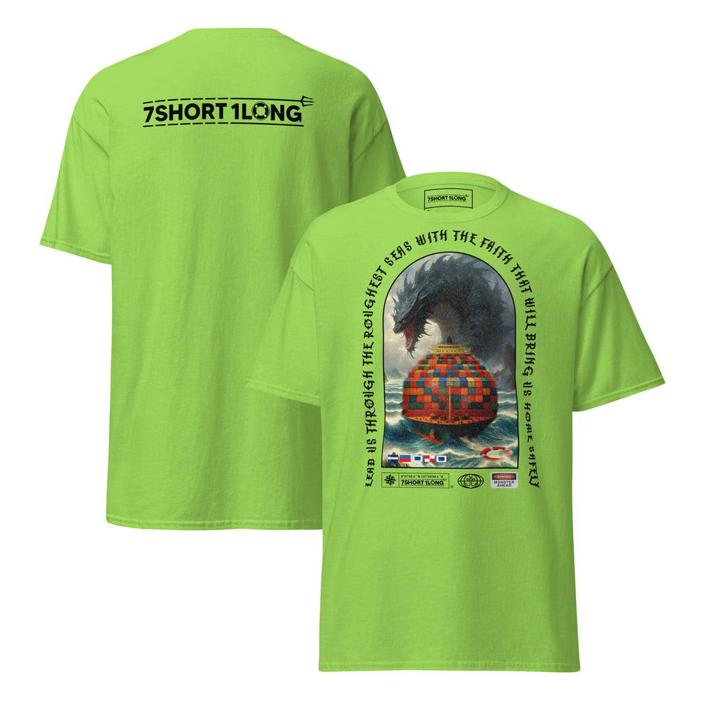 T-shirt design showing a mythical sea monster attacking a container ship, inspired by maritime legends, ocean myths, and classic seafaring folklore.
