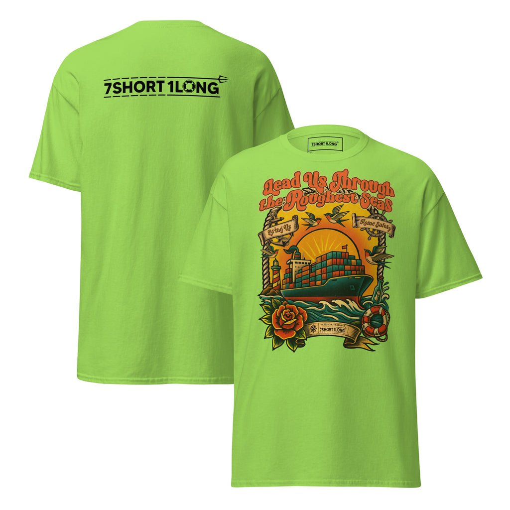 Tattoo-style maritime T-shirt inspired by container ship crew life and classic seafarer tattoo art, dedicated to the legacy of Sailor Jerry and traditional maritime symbolism.