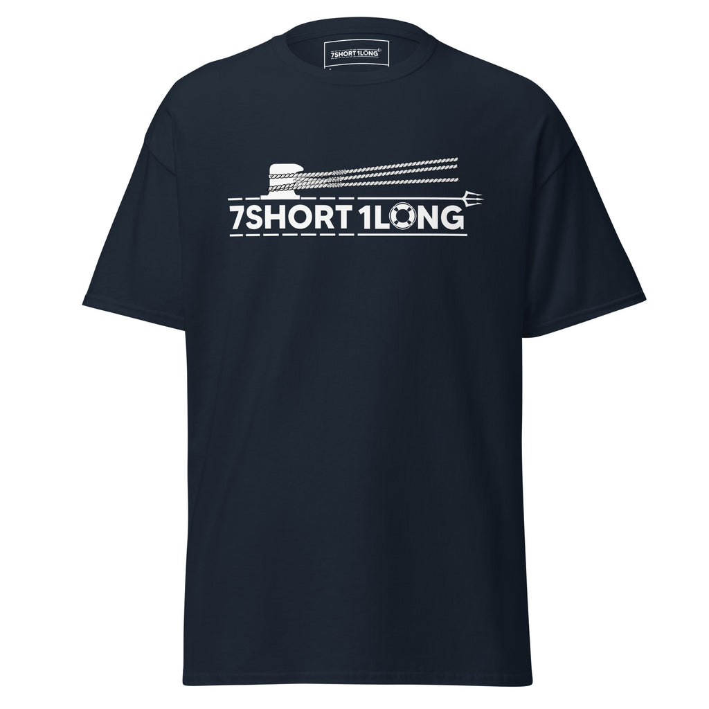 Maritime T-shirt with “7Shot1Long” mooring operation design, inspired by deck work commands “All Lines Ashore” and “All Lines Off,” representing teamwork, precision, and seamanship at sea.