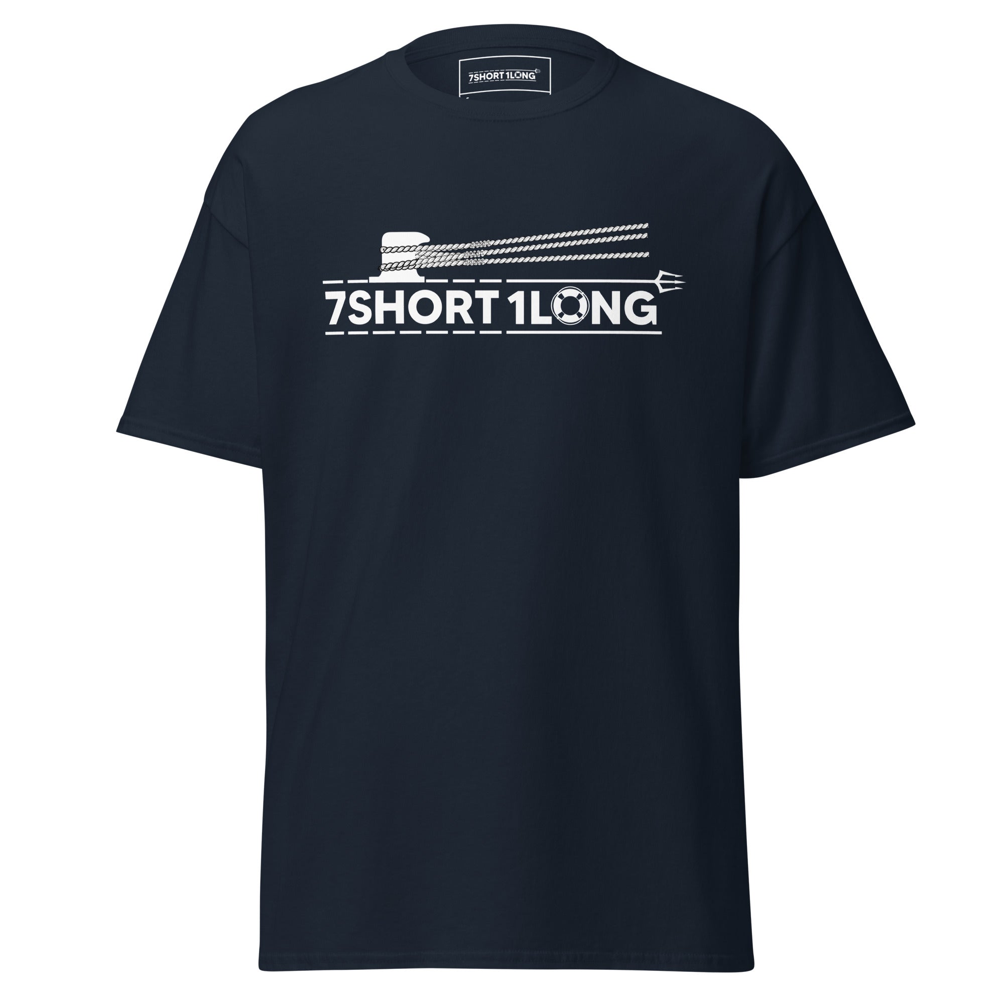 Maritime T-shirt with “7Shot1Long” mooring operation design, inspired by deck work commands “All Lines Ashore” and “All Lines Off,” representing teamwork, precision, and seamanship at sea.