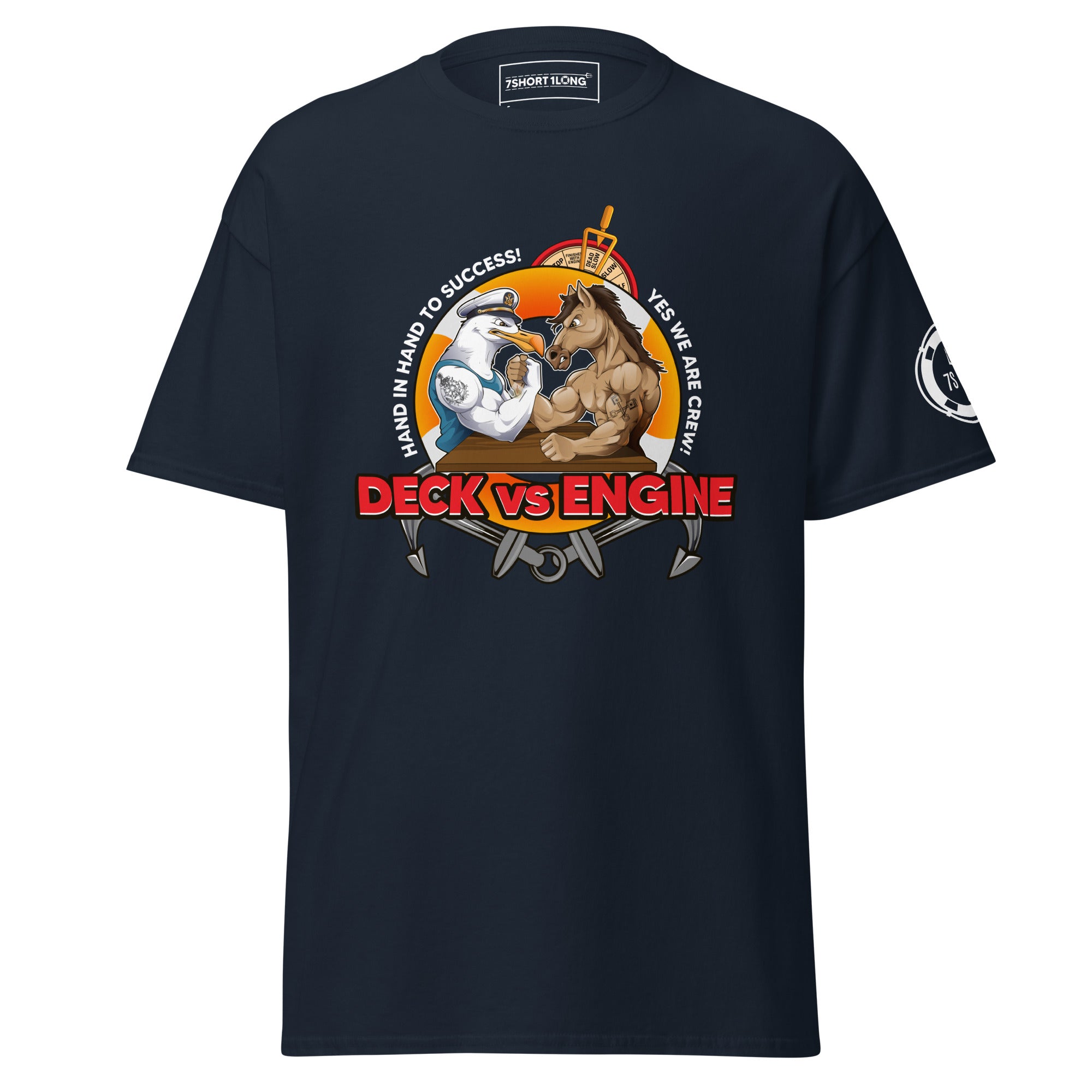 Maritime T-shirt with “Deck Vs Engine” design, symbolizing rivalry and cooperation between deck and engine departments on a ship.