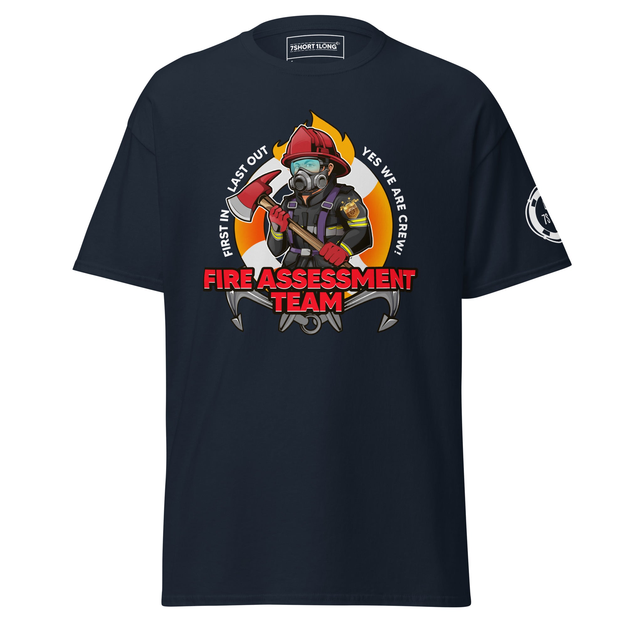 Maritime T-shirt with Fire Assessment Team design, representing onboard emergency response and ship fire brigade entering fire zones during emergencies.