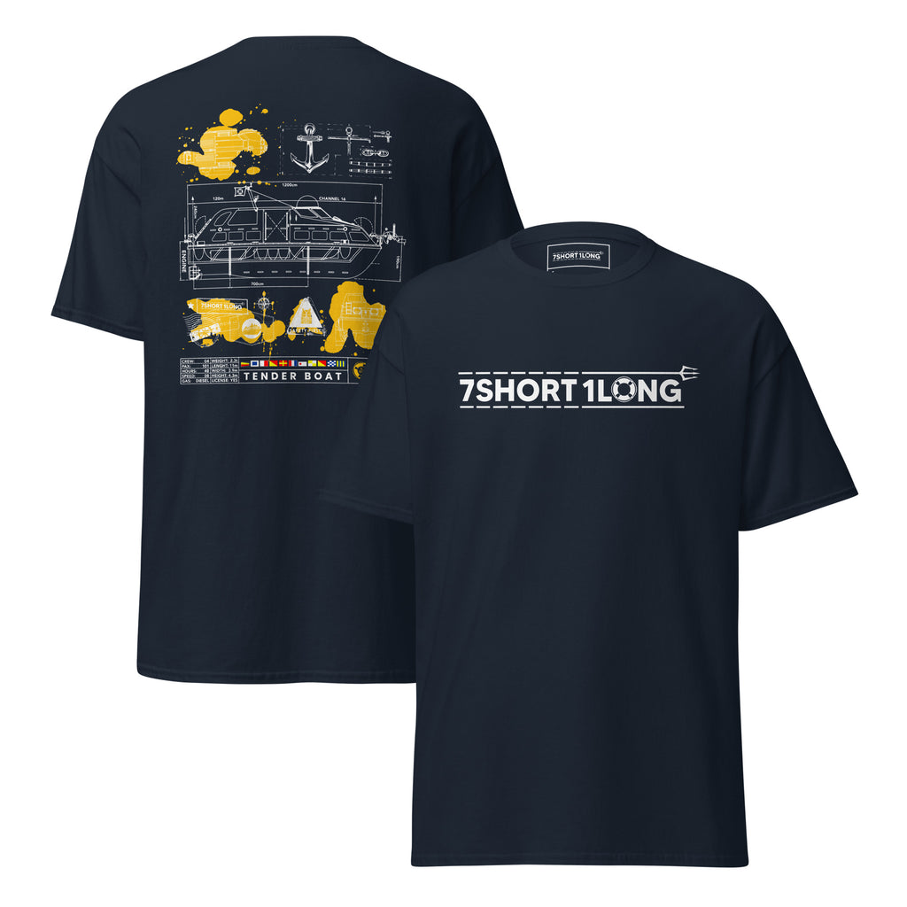 Maritime T-shirt with Tender Boat at Sea design, representing dual-use tender boats for ship-to-shore operations and emergency rescue on cruise ships.