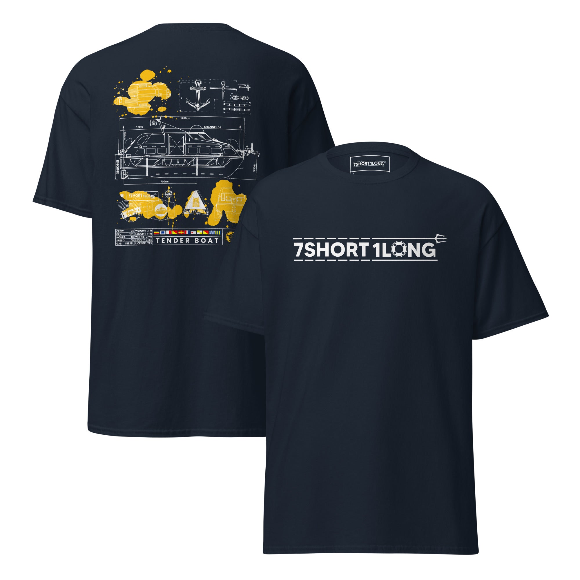 Maritime T-shirt with Tender Boat at Sea design, representing dual-use tender boats for ship-to-shore operations and emergency rescue on cruise ships.