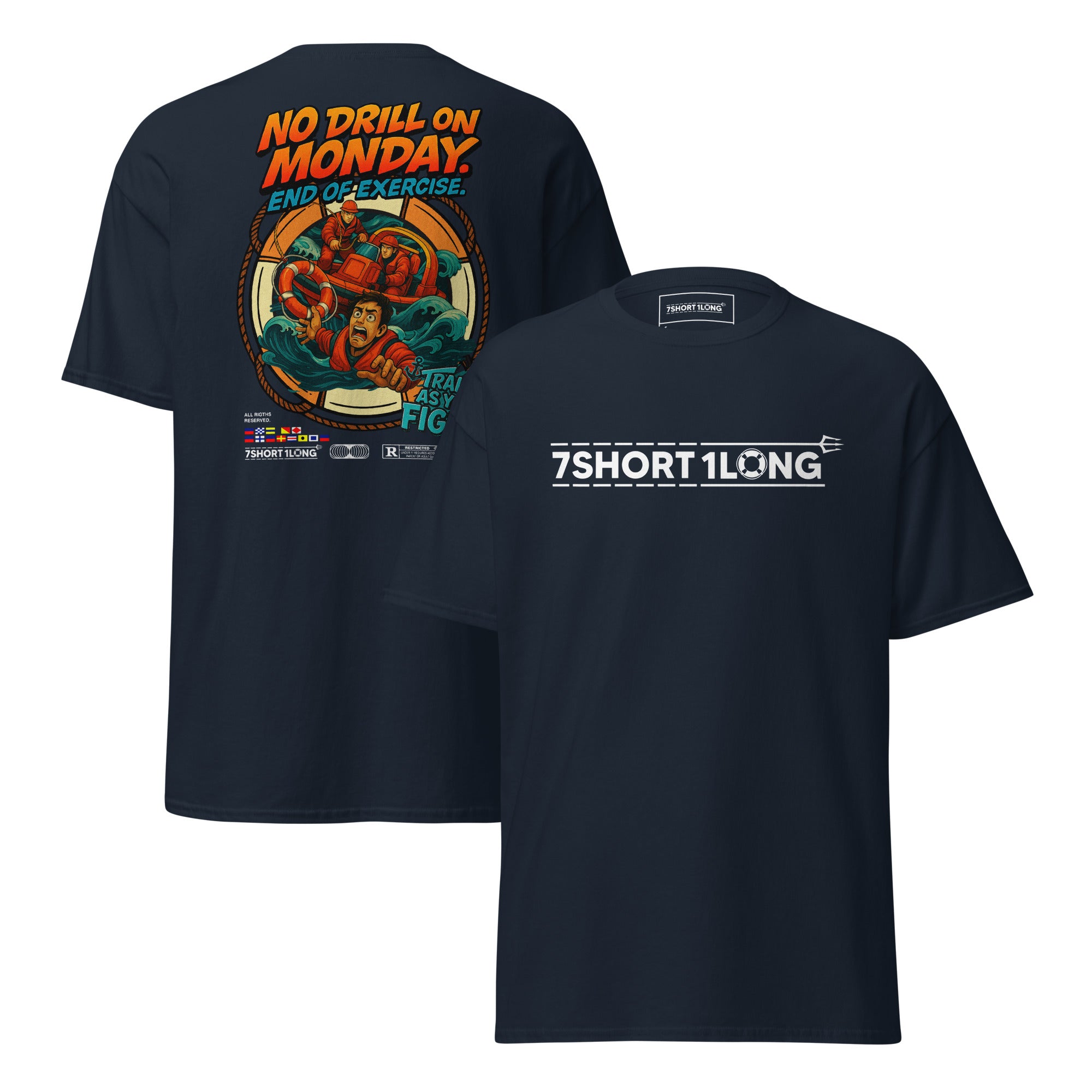 Maritime T-shirt with “Person Overboard Drill” design, inspired by SOLAS-compliant MOB drills, crew coordination, and emergency response at sea.