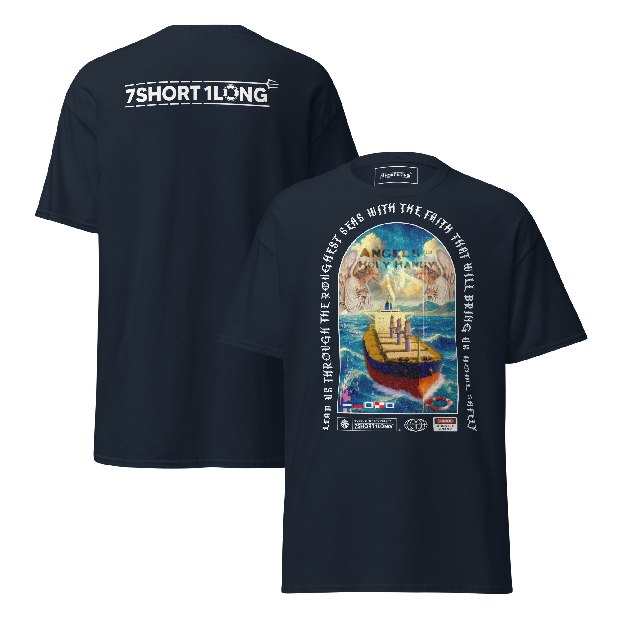 Crew T-shirt with “Angel Watch” bulk carrier design inspired by Christian seafaring tradition, protection at sea, heavy cargo operations, and vigilance during long voyages.