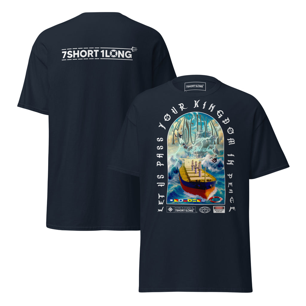 T-shirt design showing the Greek sea god Poseidon judging a bulk carrier ship at sea, inspired by maritime mythology and ancient ocean legends.
