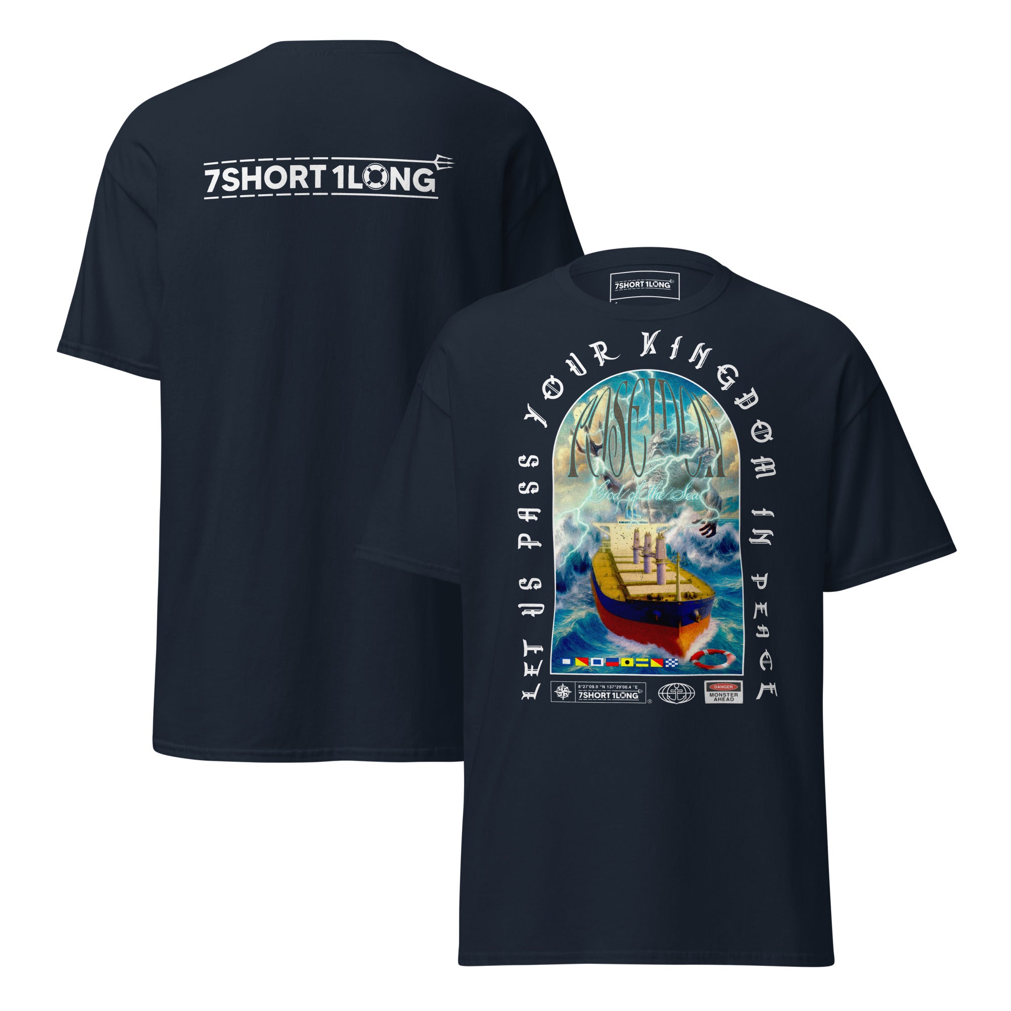 T-shirt design showing the Greek sea god Poseidon judging a bulk carrier ship at sea, inspired by maritime mythology and ancient ocean legends.