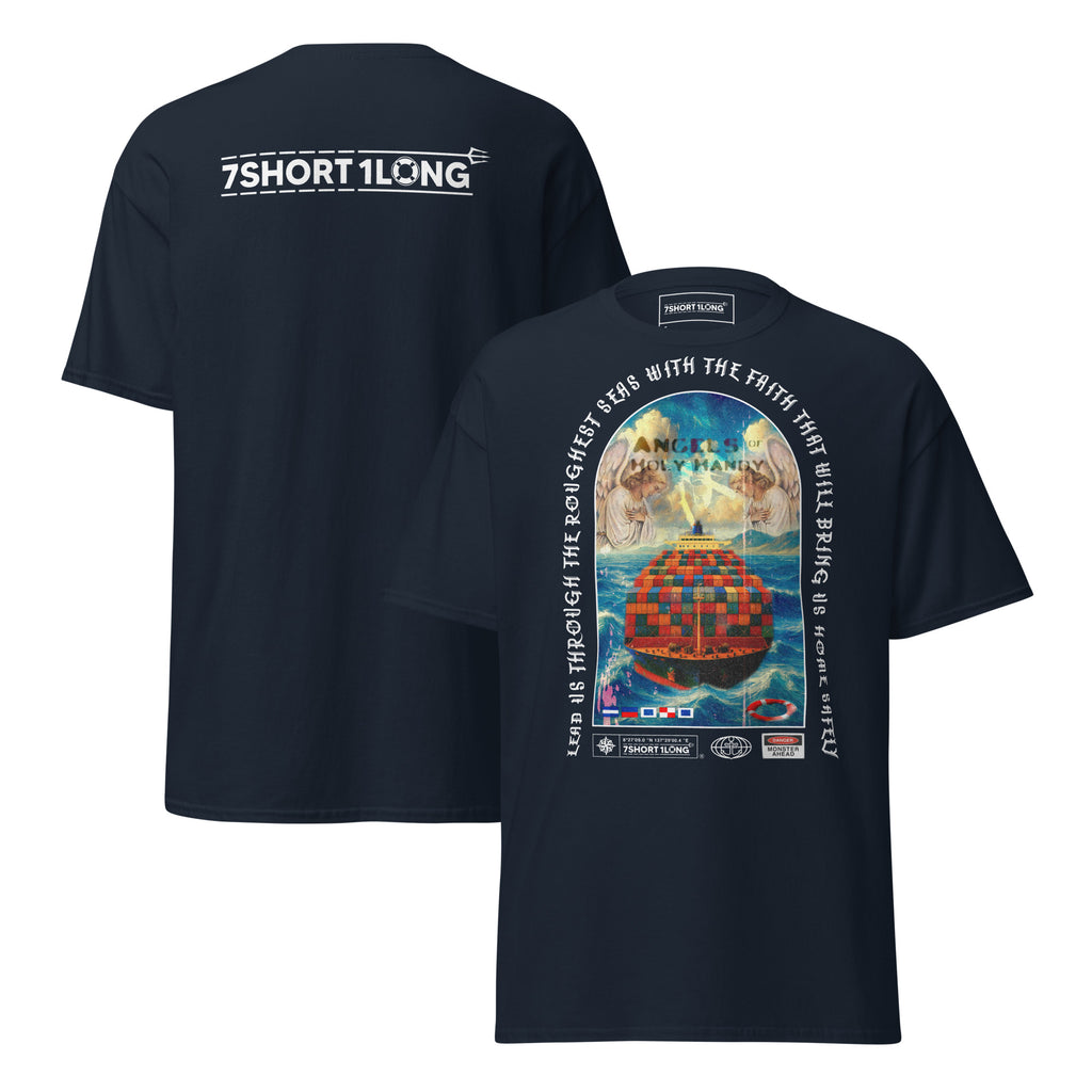 Crew T-shirt with “Angel Watch” container ship design inspired by Christian seafaring tradition, protection at sea, and vigilance during long container ship voyages.