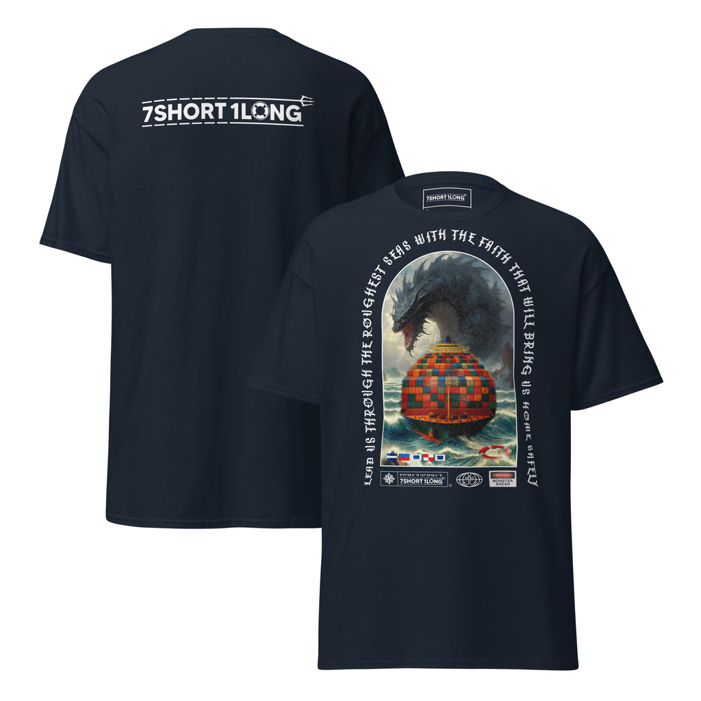 T-shirt design showing a mythical sea monster attacking a container ship, inspired by maritime legends, ocean myths, and classic seafaring folklore.