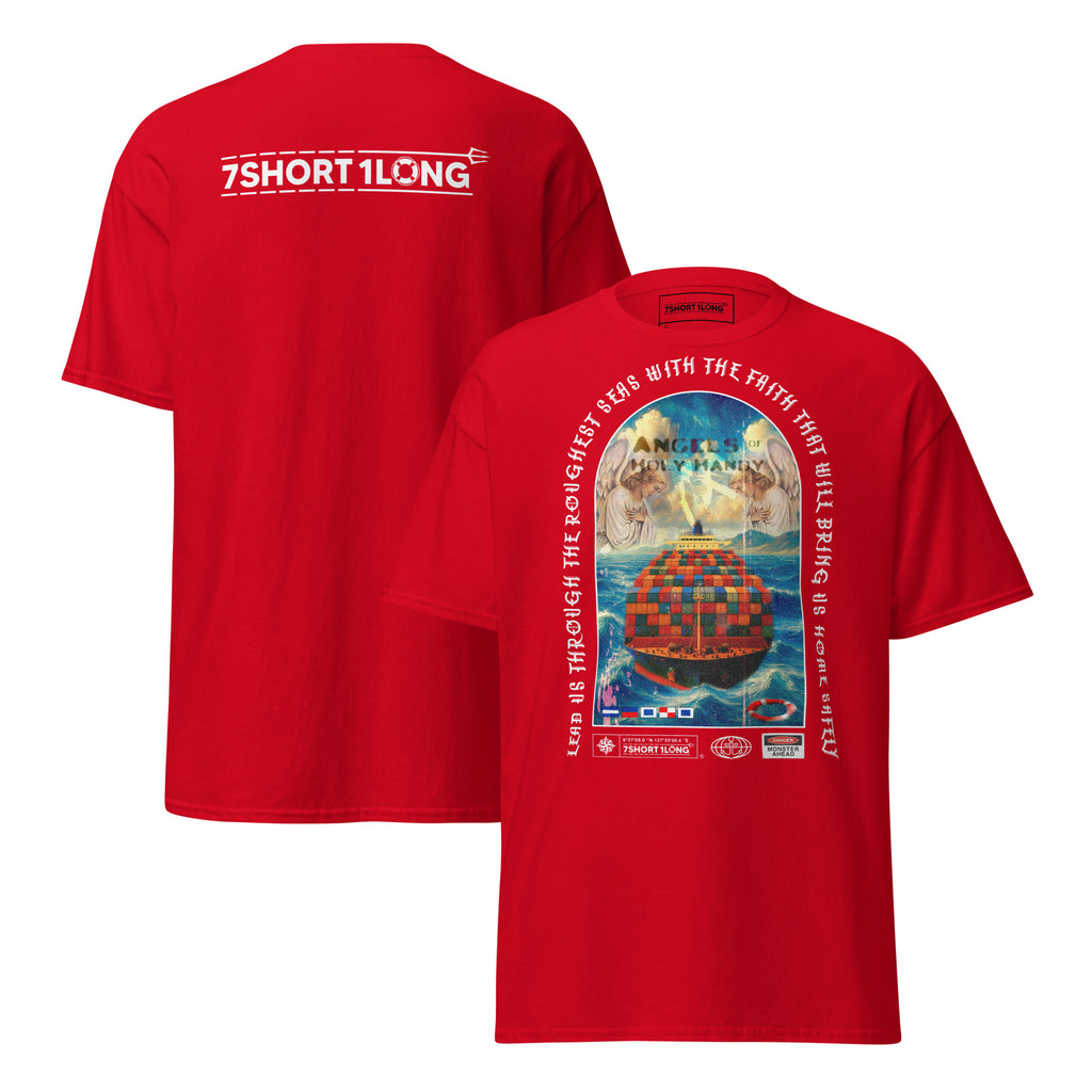 Crew T-shirt with “Angel Watch” container ship design inspired by Christian seafaring tradition, protection at sea, and vigilance during long container ship voyages.