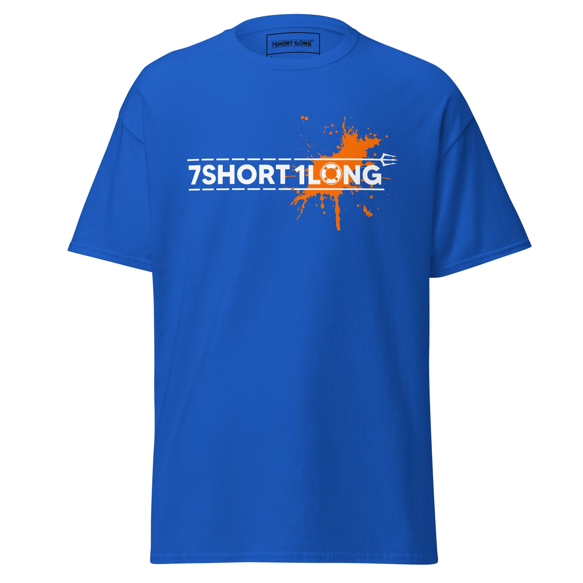 maritime T-shirt with 7-Shot-One-Long logo print and orange solor spot inspired by nautical alarm signals and seafarer culture.