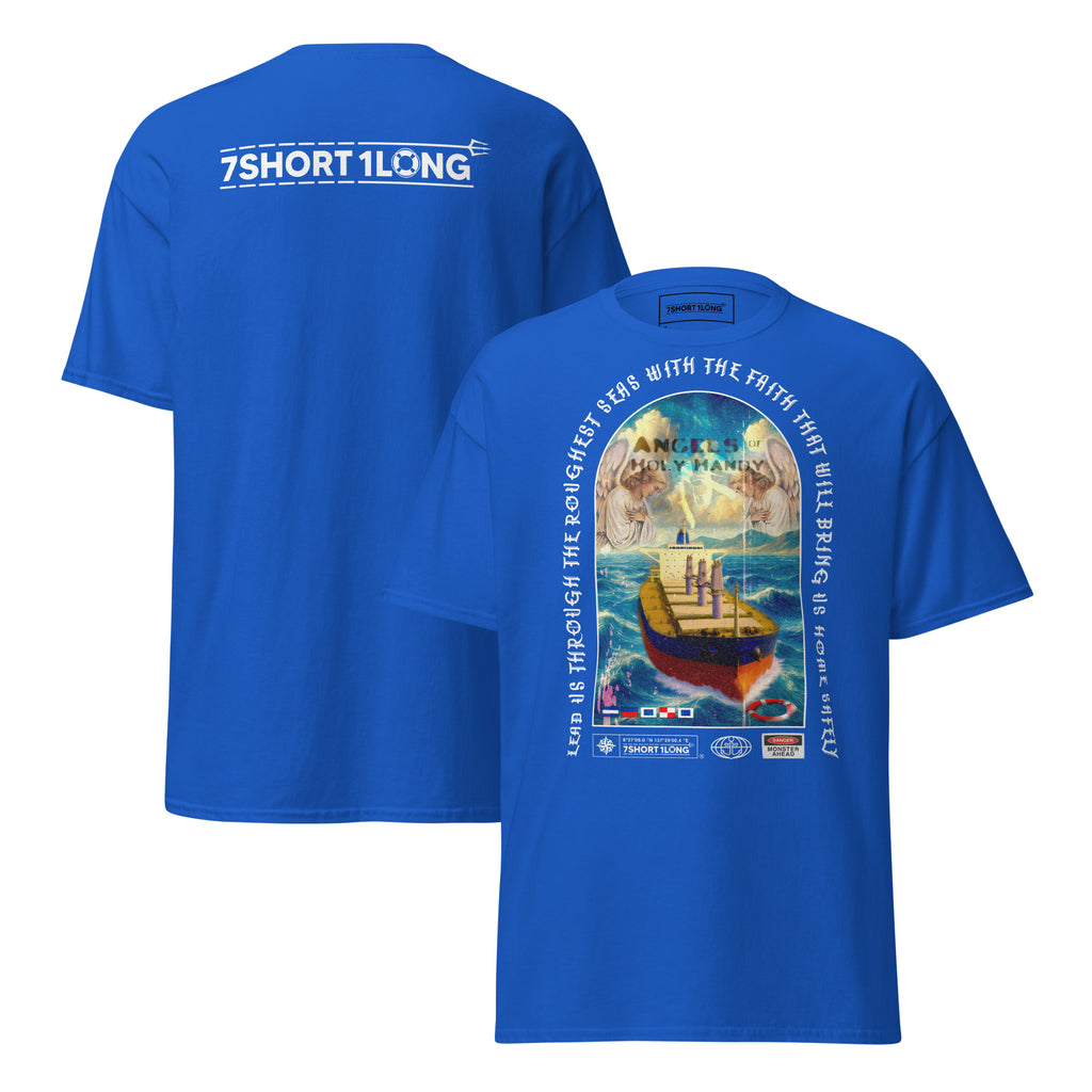 Crew T-shirt with “Angel Watch” bulk carrier design inspired by Christian seafaring tradition, protection at sea, heavy cargo operations, and vigilance during long voyages.