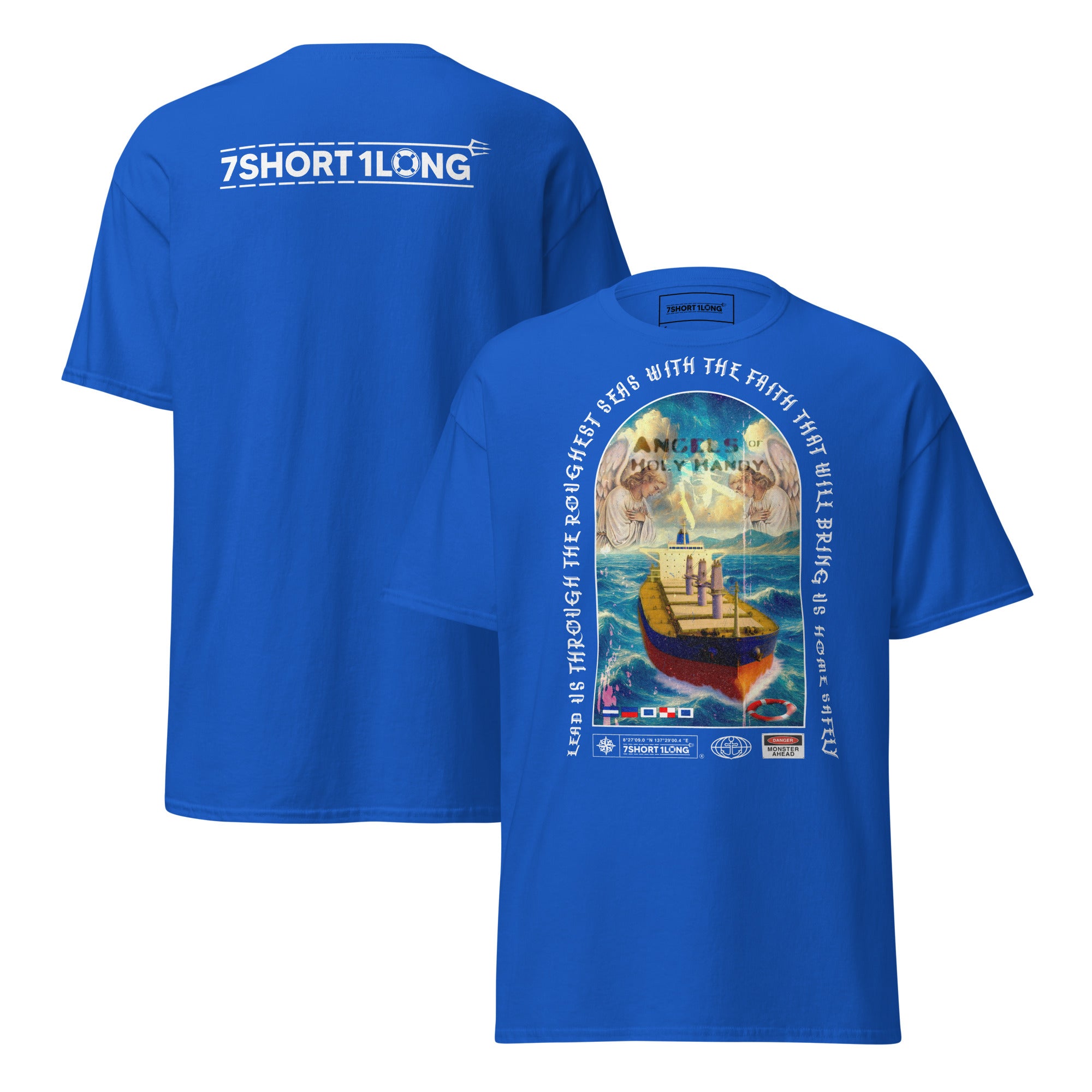 Crew T-shirt with “Angel Watch” bulk carrier design inspired by Christian seafaring tradition, protection at sea, heavy cargo operations, and vigilance during long voyages.