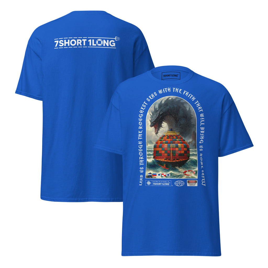 T-shirt design showing a mythical sea monster attacking a container ship, inspired by maritime legends, ocean myths, and classic seafaring folklore.