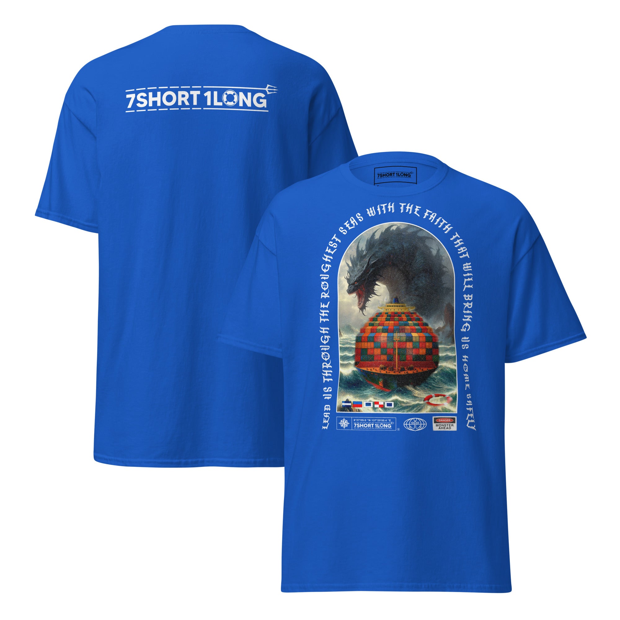 T-shirt design showing a mythical sea monster attacking a container ship, inspired by maritime legends, ocean myths, and classic seafaring folklore.