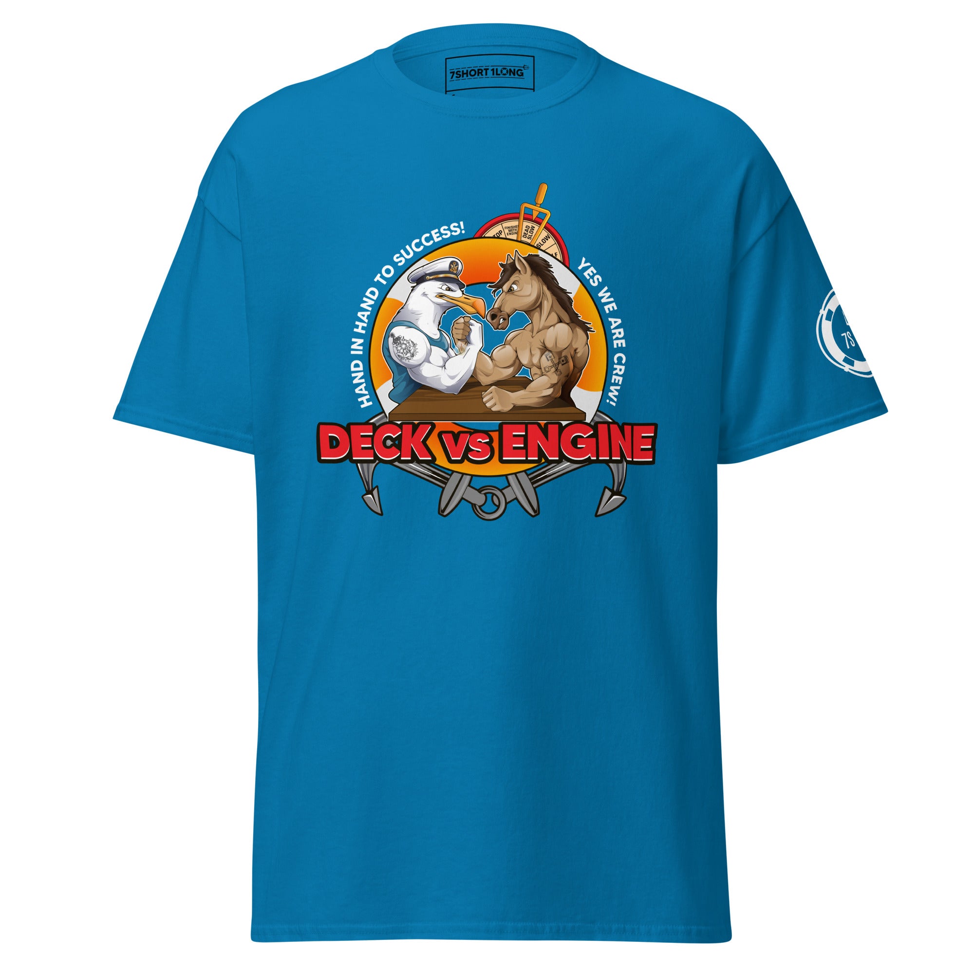 Maritime T-shirt with “Deck Vs Engine” design, symbolizing rivalry and cooperation between deck and engine departments on a ship.