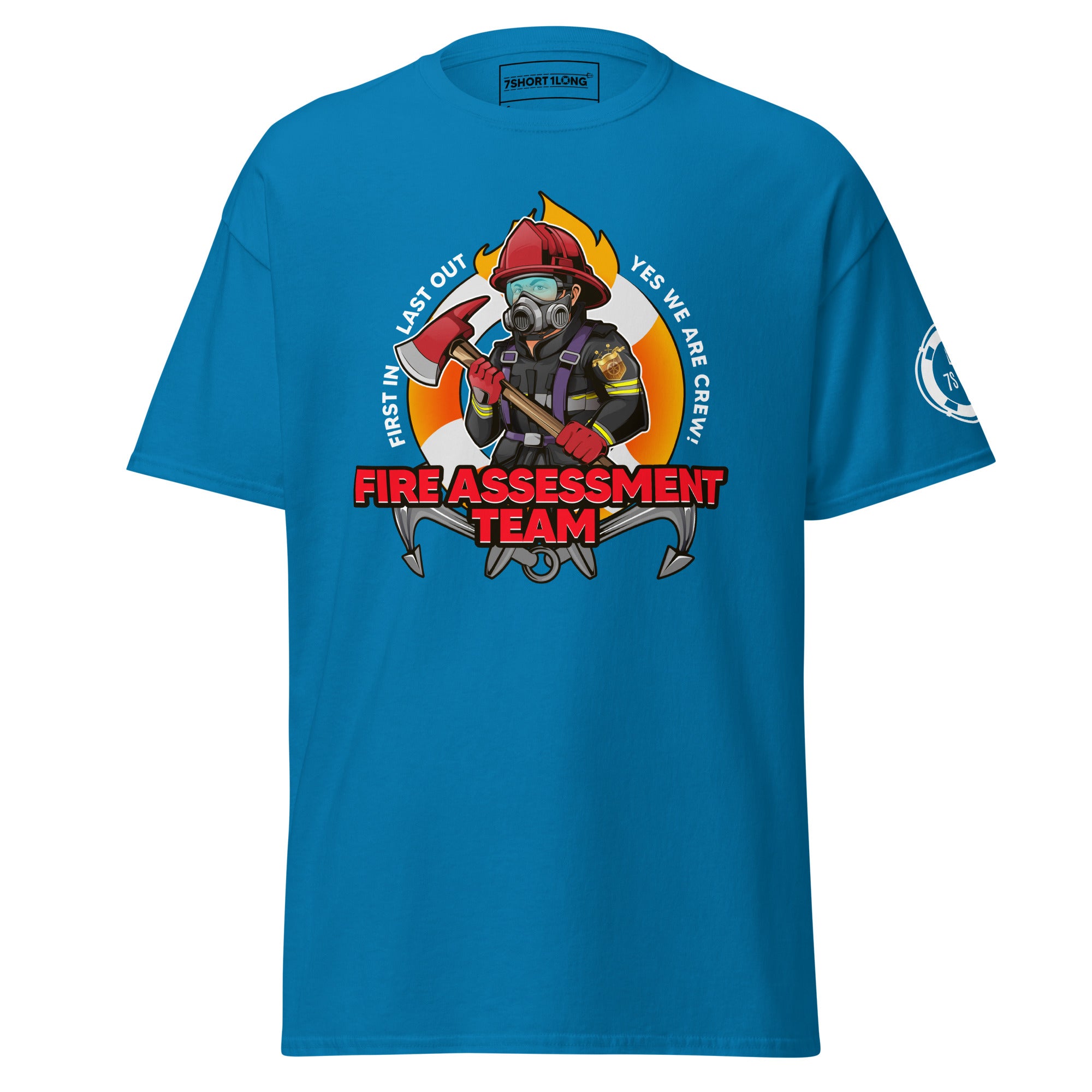 Maritime T-shirt with Fire Assessment Team design, representing onboard emergency response and ship fire brigade entering fire zones during emergencies.