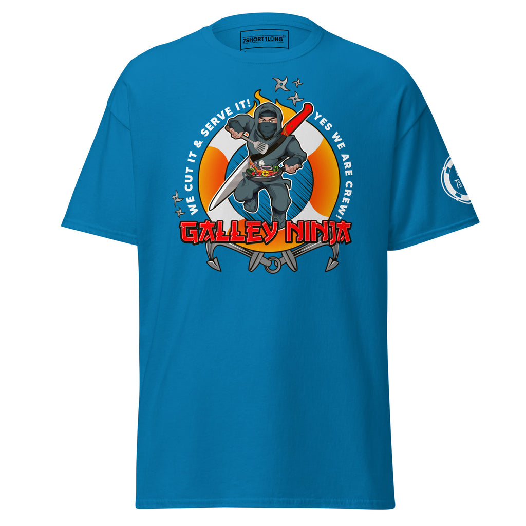 Maritime T-shirt with Galley Department “Galley Ninja” design, representing ship cooks and galley crew preparing meals to support crew morale on board.