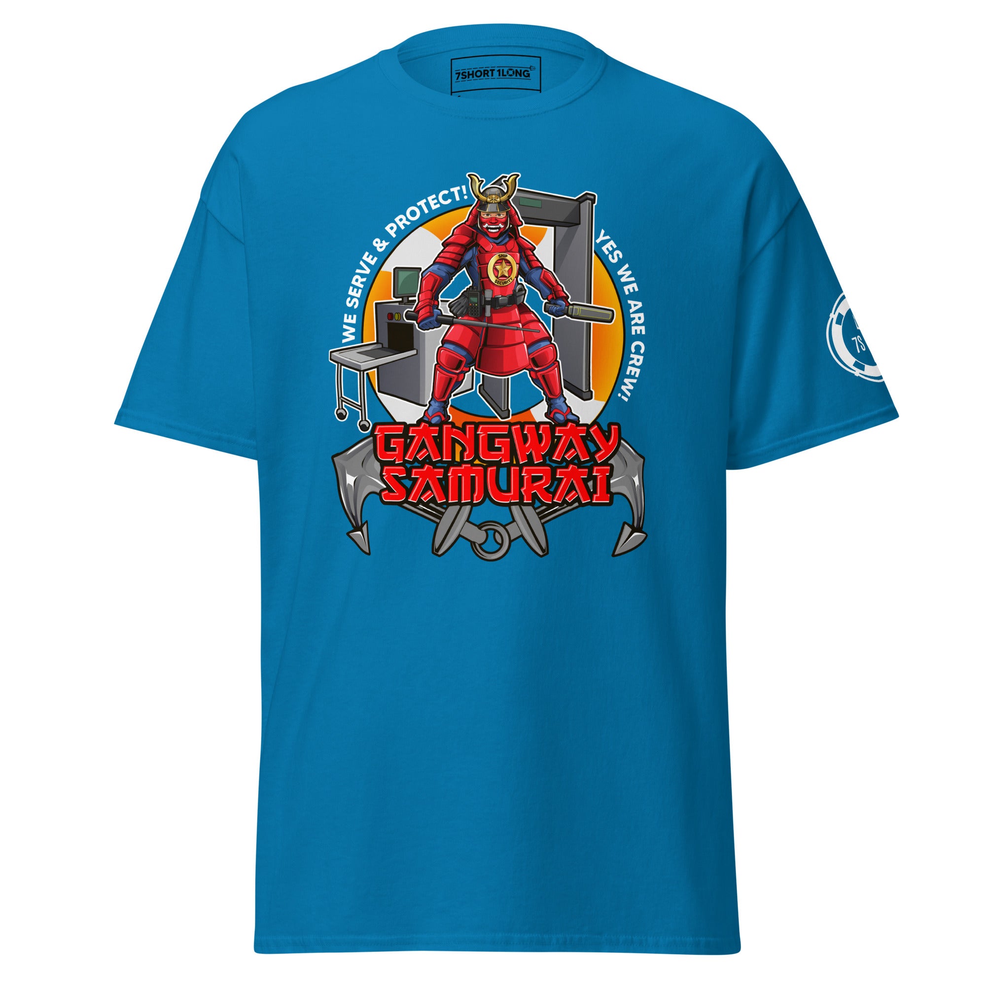 Maritime T-shirt with Ship Security design, representing cruise ship security roles including SSO, deputy security officer, security officers, and guards.