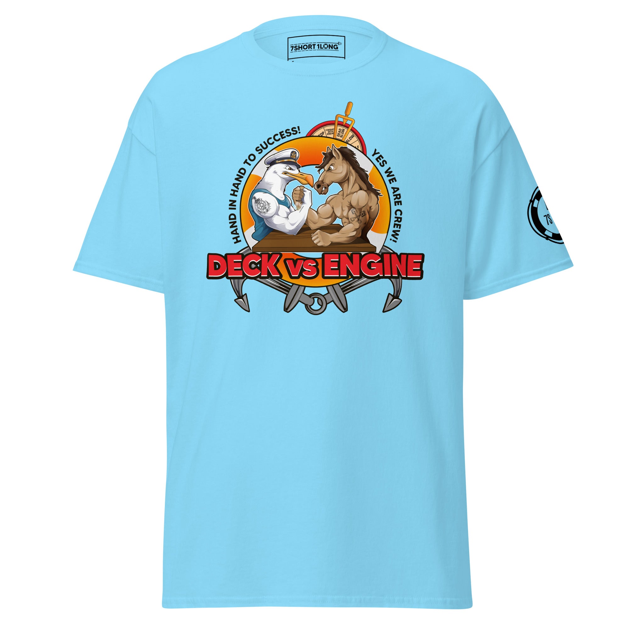 Maritime T-shirt with “Deck Vs Engine” design, symbolizing rivalry and cooperation between deck and engine departments on a ship.