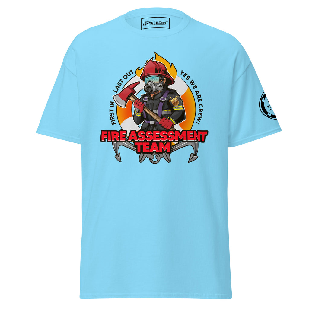 Maritime T-shirt with Fire Assessment Team design, representing onboard emergency response and ship fire brigade entering fire zones during emergencies.