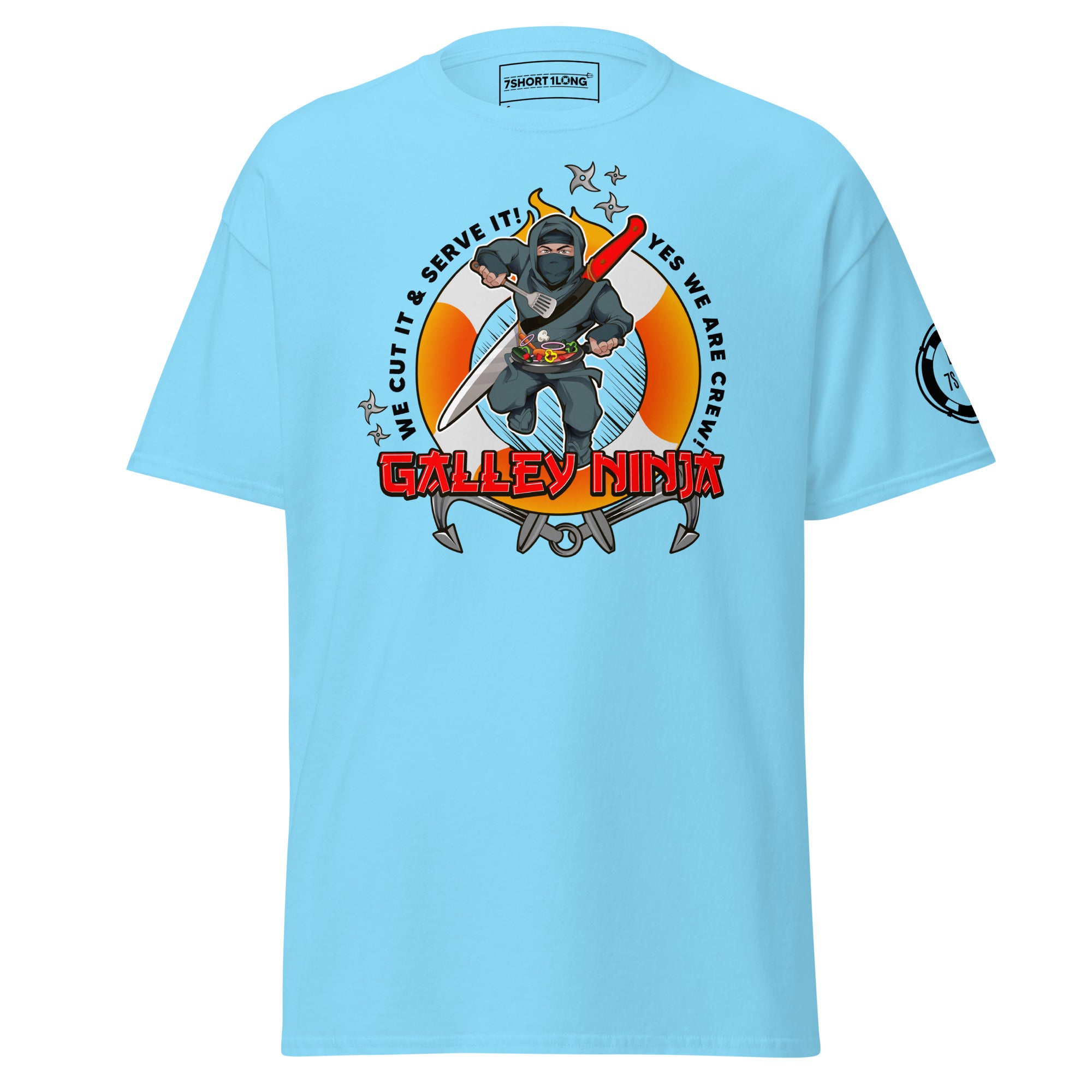 Maritime T-shirt with Galley Department “Galley Ninja” design, representing ship cooks and galley crew preparing meals to support crew morale on board.