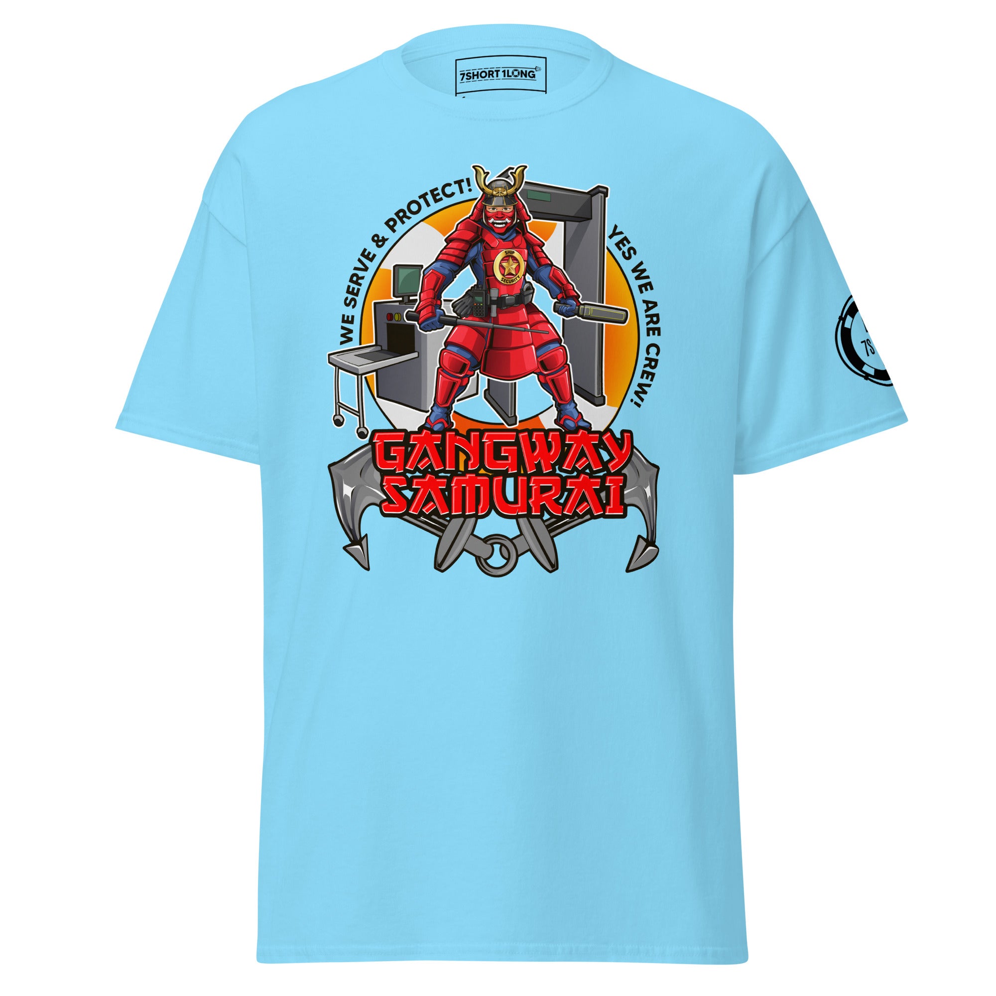 Maritime T-shirt with ShipSecurity design, representing security roleson onboard a ship including SSO, deputy security officer, security, and guards.