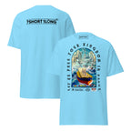 T-shirt design showing the Greek sea god Poseidon judging a bulk carrier ship at sea, inspired by maritime mythology and ancient ocean legends.