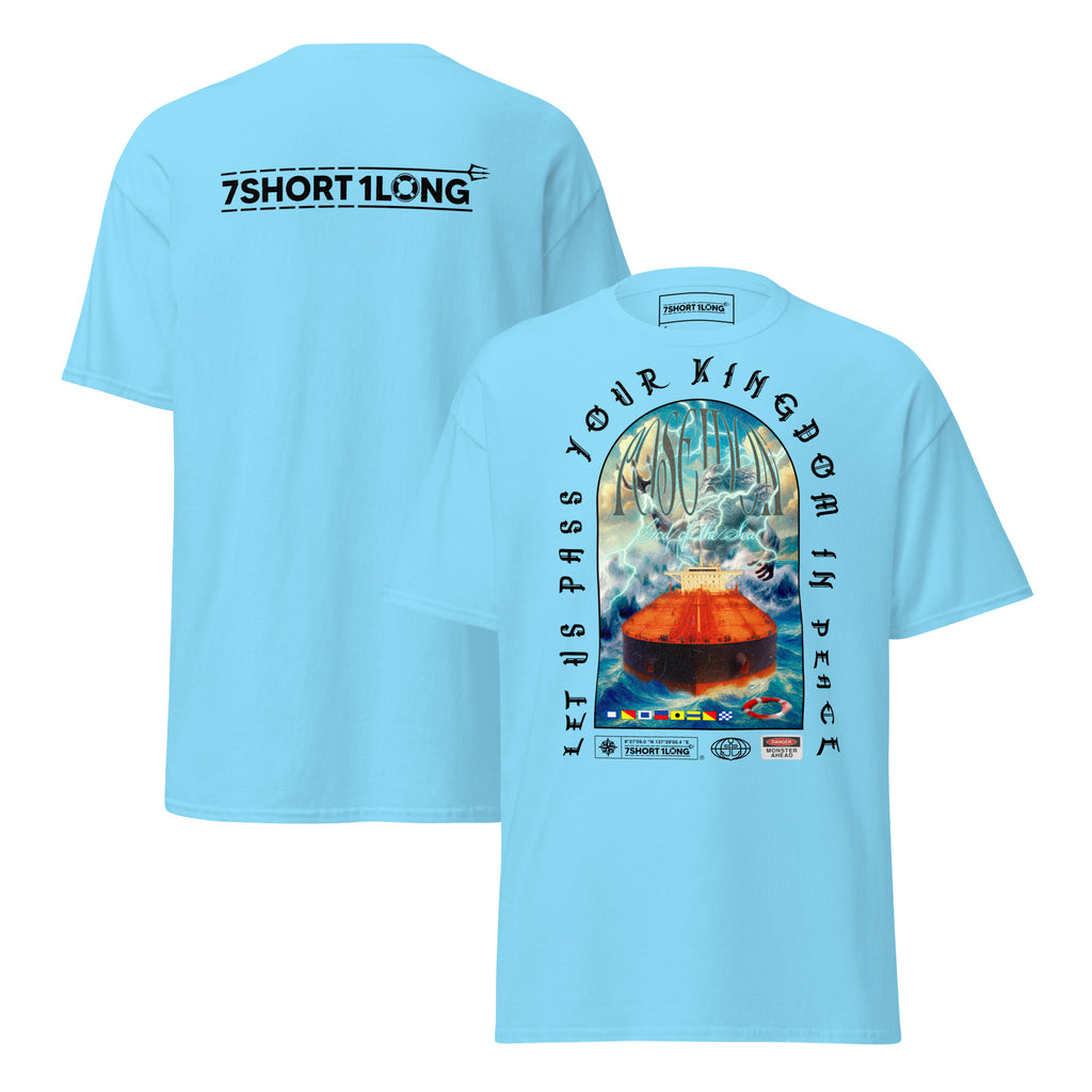 T-shirt design showing the Greek sea god Poseidon judging a tanker ship at sea, inspired by maritime mythology and ancient ocean legends.