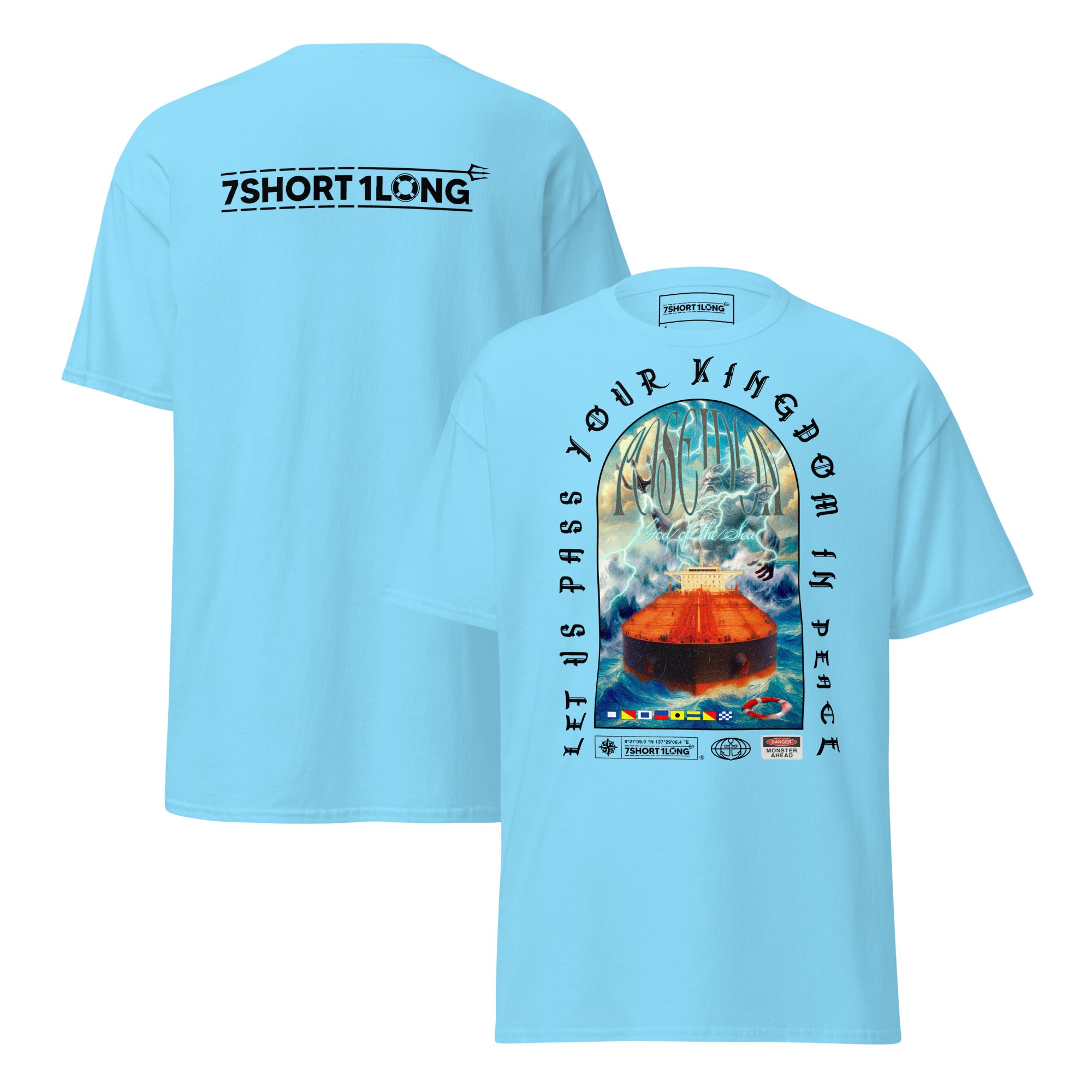 T-shirt design showing the Greek sea god Poseidon judging a tanker ship at sea, inspired by maritime mythology and ancient ocean legends.