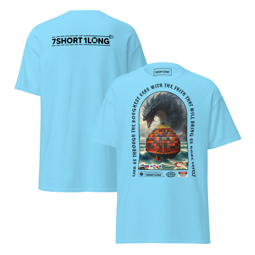 T-shirt design showing a mythical sea monster attacking a container ship, inspired by maritime legends, ocean myths, and classic seafaring folklore.