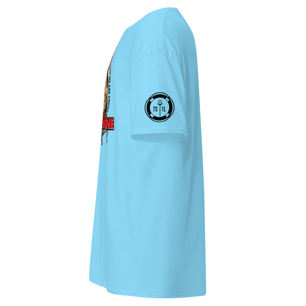 Maritime T-shirt with “Deck Vs Engine” design, symbolizing rivalry and cooperation between deck and engine departments on a ship.