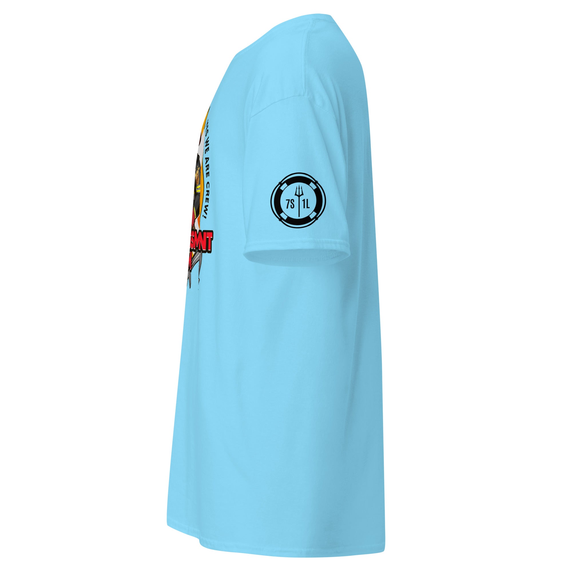 Maritime T-shirt with Fire Assessment Team design, representing onboard emergency response and ship fire brigade entering fire zones during emergencies.