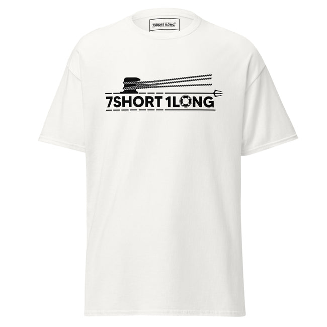 Maritime T-shirt with “7Shot1Long” mooring operation design, inspired by deck work commands “All Lines Ashore” and “All Lines Off,” representing teamwork, precision, and seamanship at sea. Hover Image