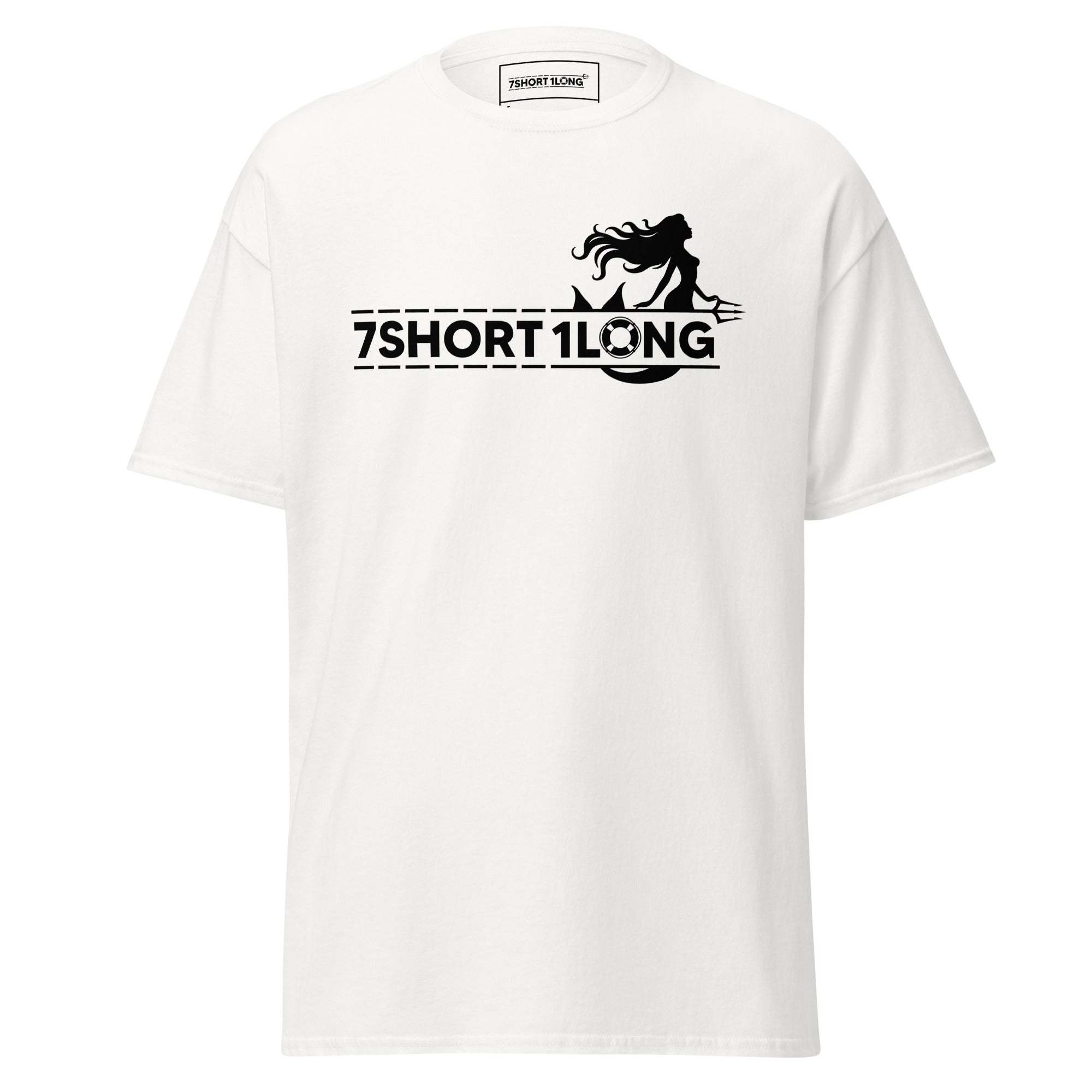 Maritime T-shirt with mermaid design inspired by seafarers’ folklore, detailed nautical artwork reflecting classic sea mythology.