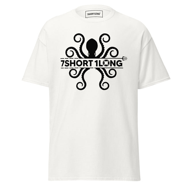 Maritime T-shirt with detailed kraken design inspired by seafarers’ folklore, bold high-contrast lines and precision artwork, nautical myth aesthetic. Hover Image
