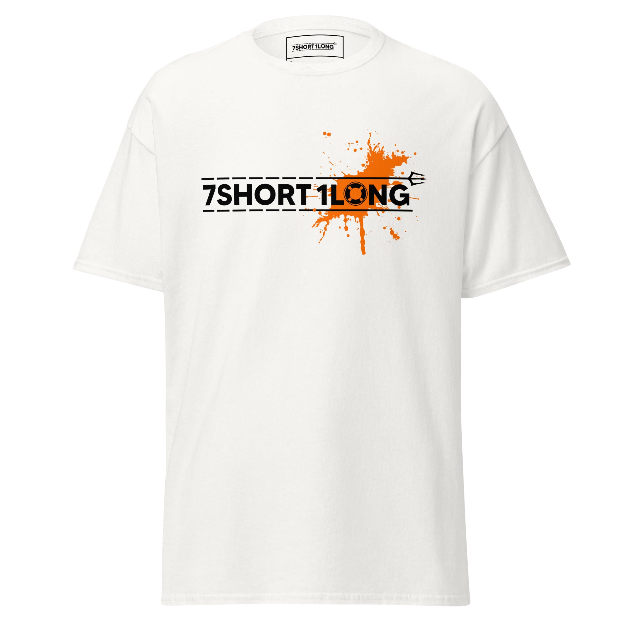 maritime T-shirt with 7-Shot-One-Long logo print and orange solor spot inspired by nautical alarm signals and seafarer culture.