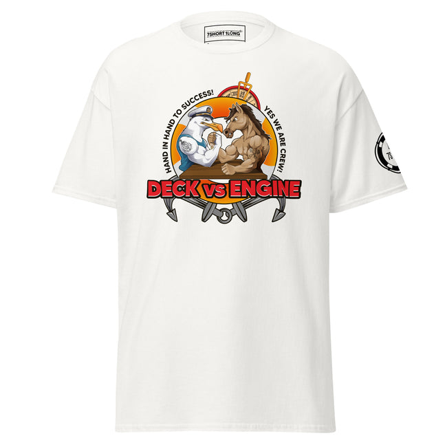 Maritime T-shirt with “Deck Vs Engine” design, symbolizing rivalry and cooperation between deck and engine departments on a ship. Hover Image