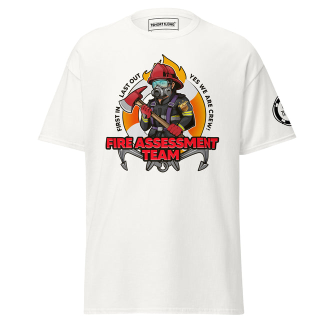 Maritime T-shirt with Fire Assessment Team design, representing onboard emergency response and ship fire brigade entering fire zones during emergencies. Hover Image