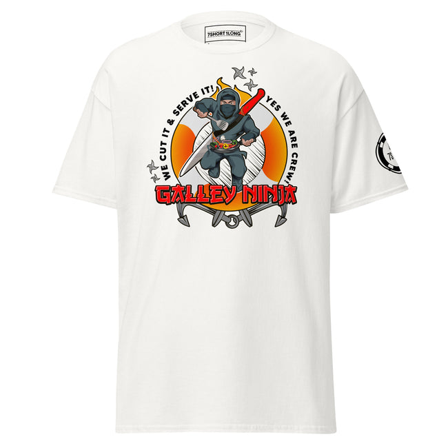 Maritime T-shirt with Galley Department “Galley Ninja” design, representing ship cooks and galley crew preparing meals to support crew morale on board. Hover Image